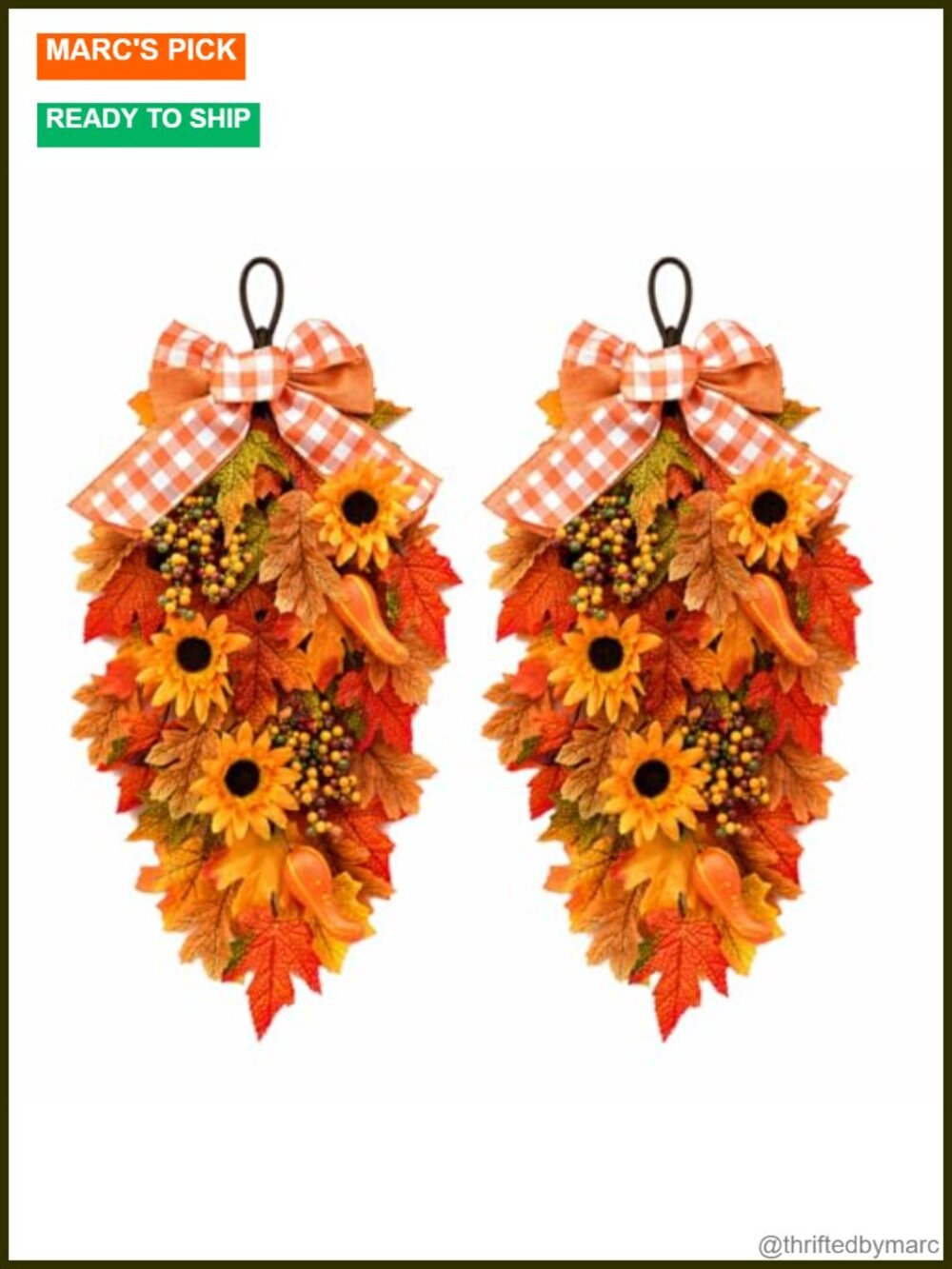Fall Teardrop Swag Wreath Set of 2 Faux Maple Pumpkin Thanksgiving Door Decor